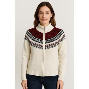 Vintage Women’s Fair Isle Full Zip Medium Sweater Cardigan Cream Mock Neck